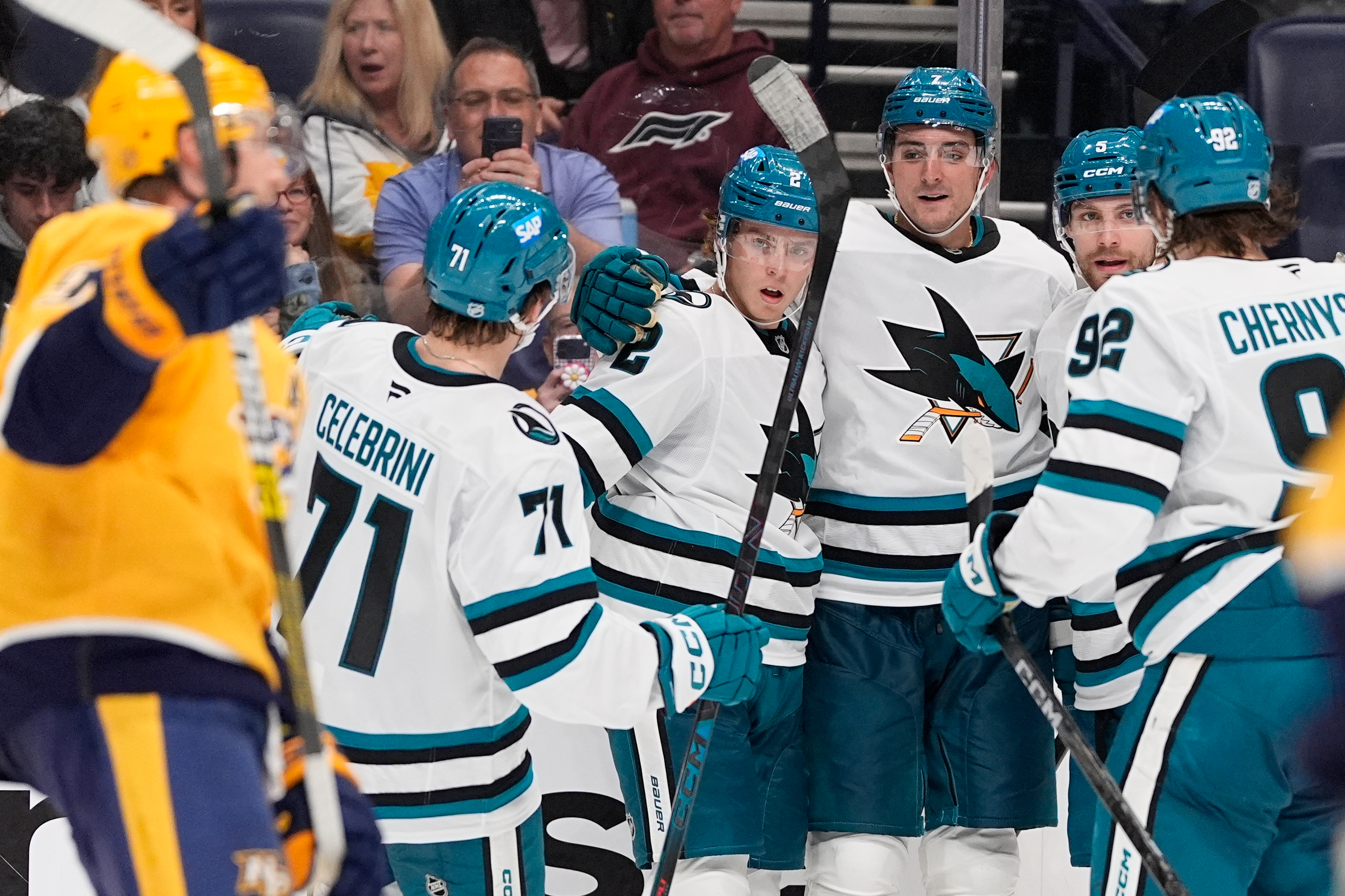 Celebrini scores lone shootout goal to lift the Sharks past the ...