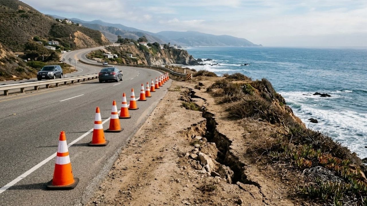 Huge crack opens beside Pacific Coast Highway, Laguna Beach