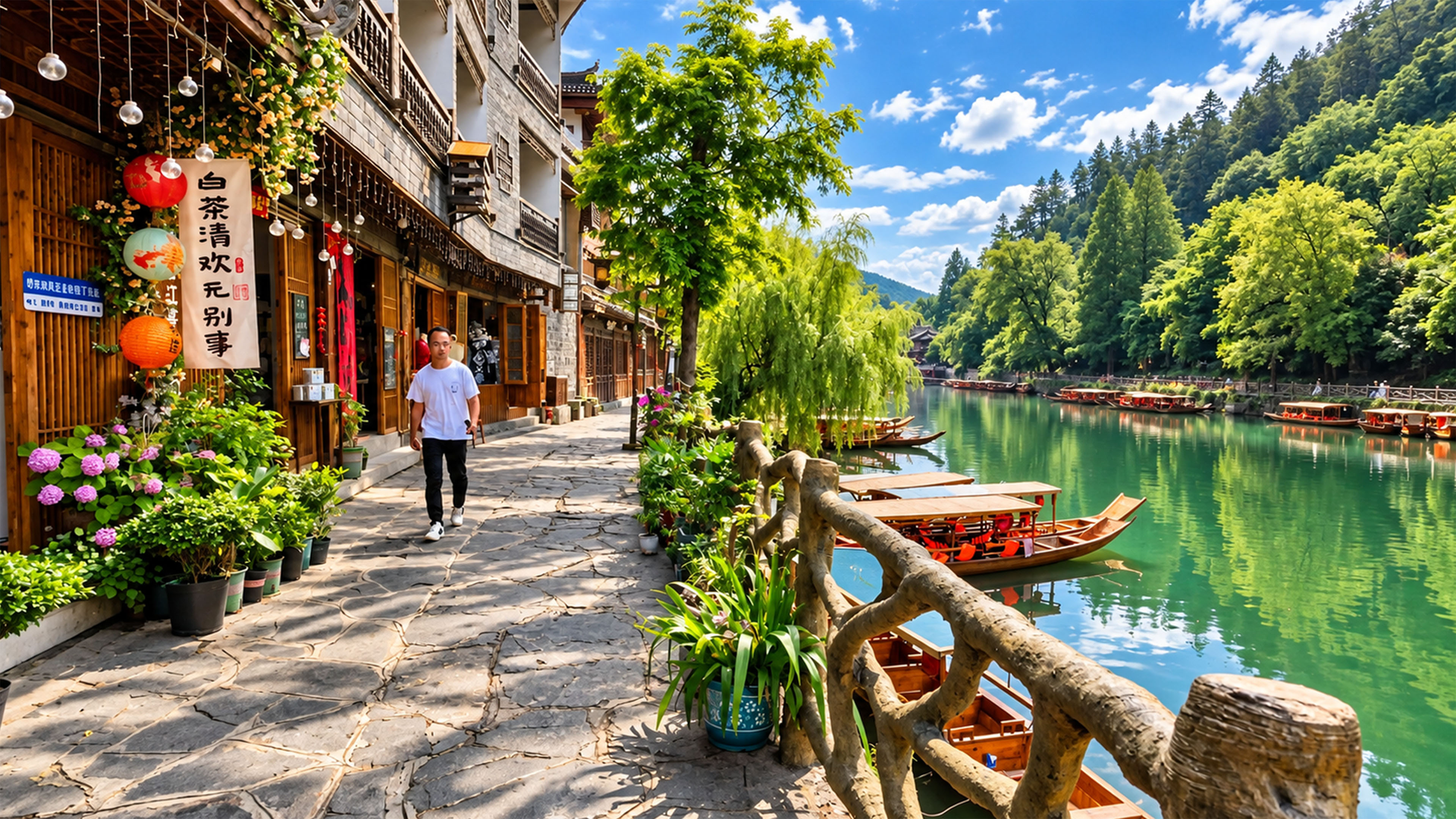 Wooden boats line this traditional riverside walk in China