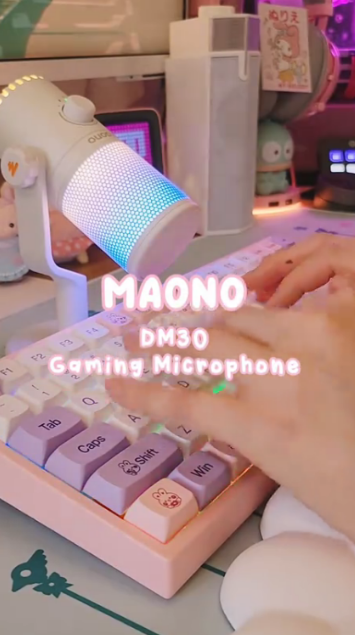 A minimal white gaming setup gets a clean microphone upgrade