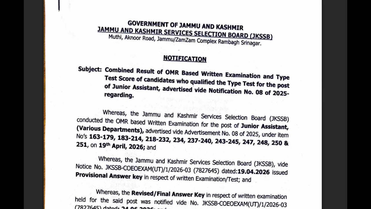 JKSSB junior assistant marks 2026 released at jkssb.nic.in: Direct link ...