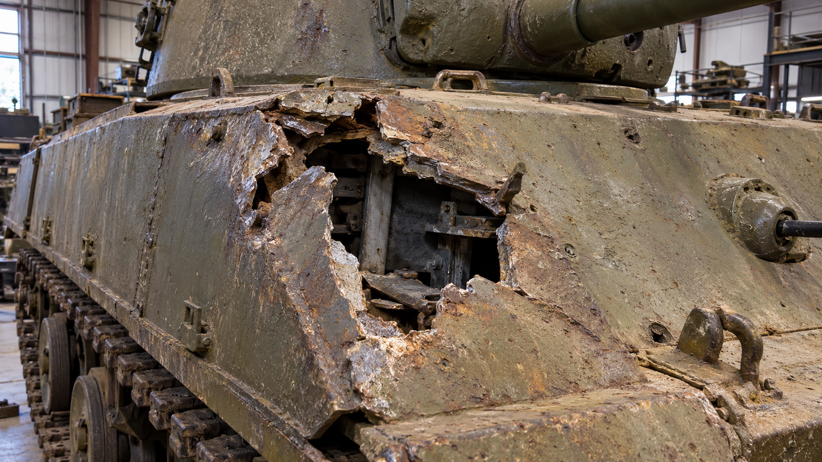 A shell punched through the Sherman Jumbo’s sponson