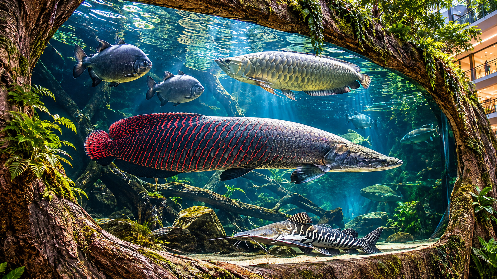 Inside a massive 5,000-gallon aquarium with giant Amazon fish