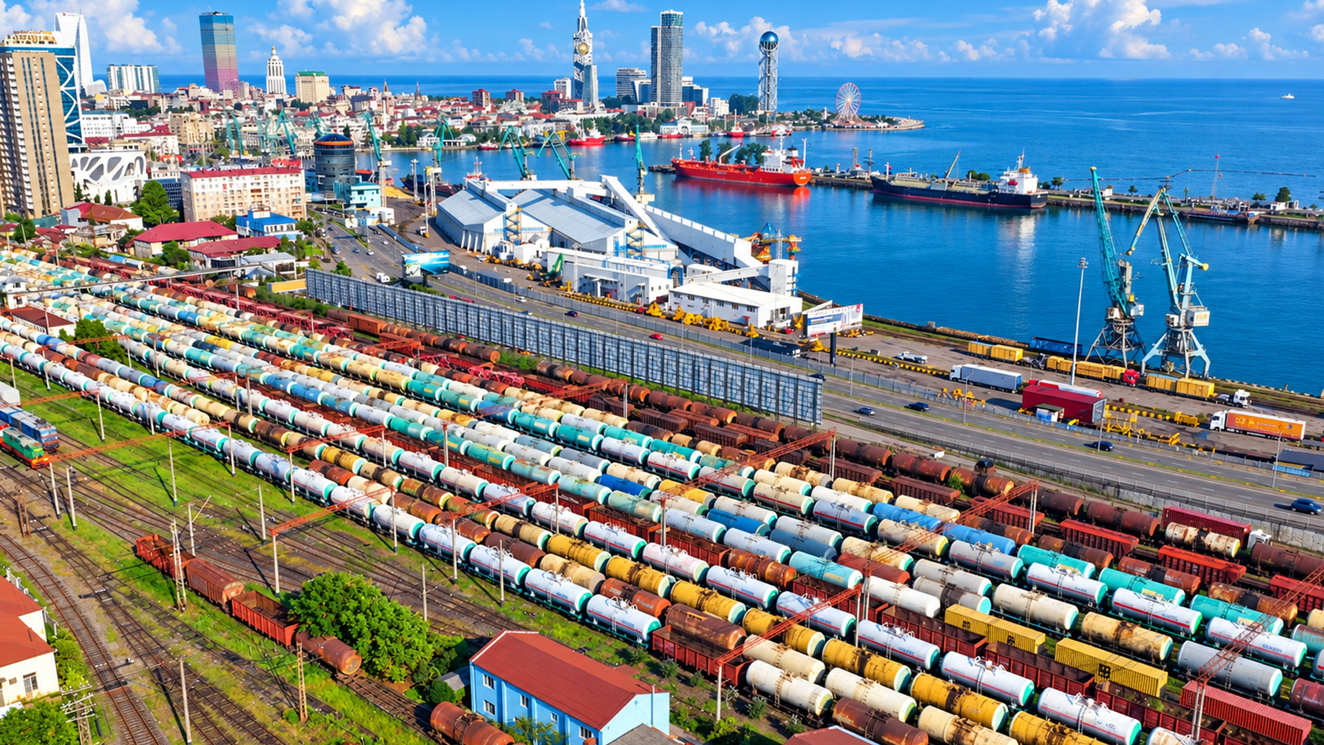 A colorful rail yard beside Batumi's busy port