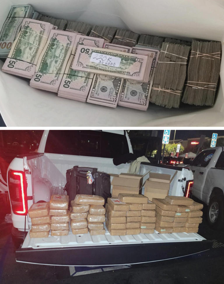 Top: Agents say they seized this bag of cash in January 2021. Bottom: DEA agents say they seized over 110 lbs of drugs containing cocaine in one bust as part of their investigation. / Credit: U.S. Department of Justice