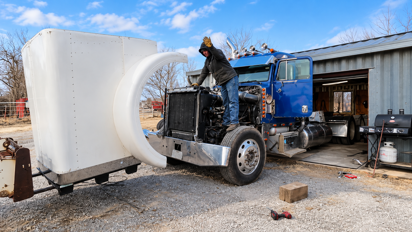 Installing a new hood on a Peterbilt 379 - The restoration takes shape
