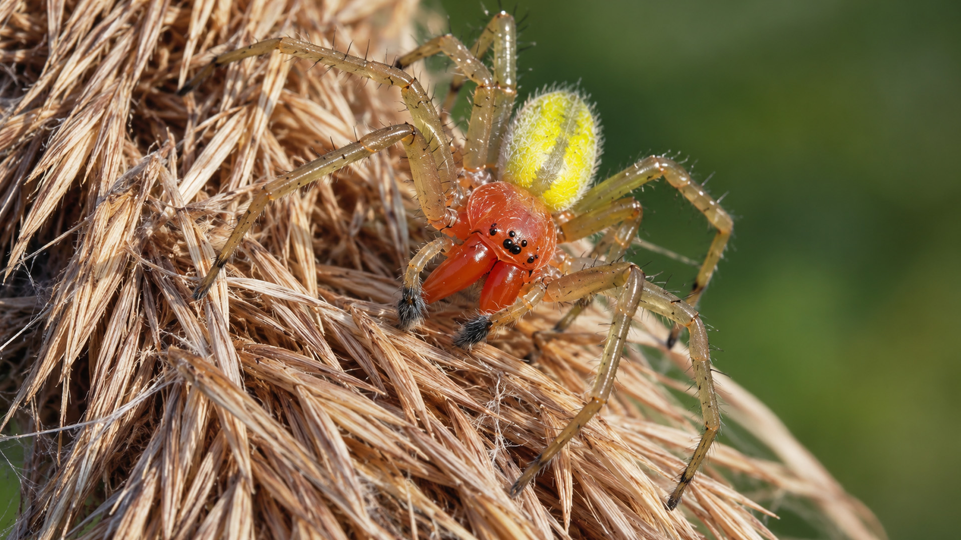 Among this dry grass a yellow sac spider suddenly came into view