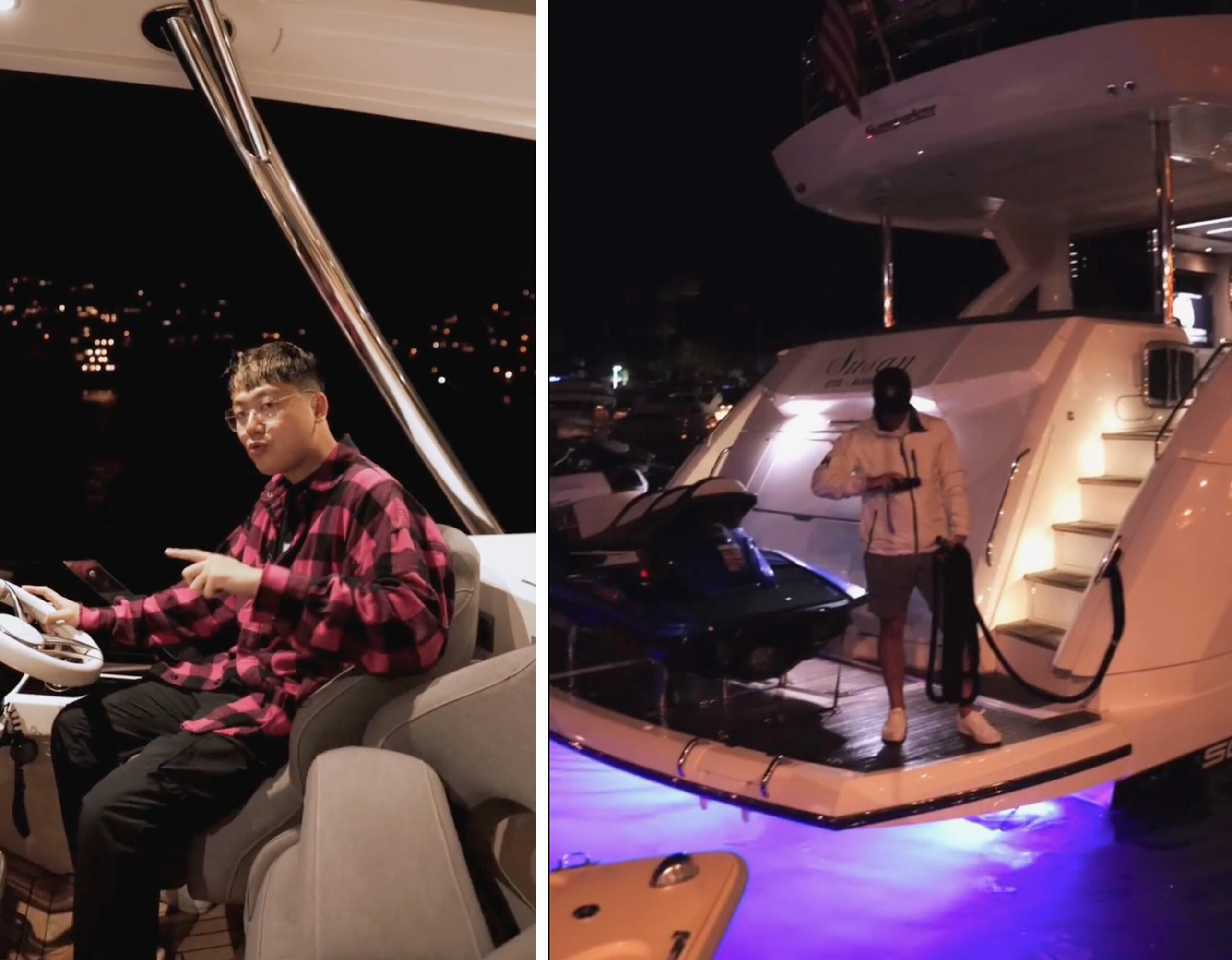Left: Fei poses on Sokly's yacht in a video he posted to Instagram. Right: Sokly's yacht, Susan. / Credit: Wenzhi Fei / Instagram