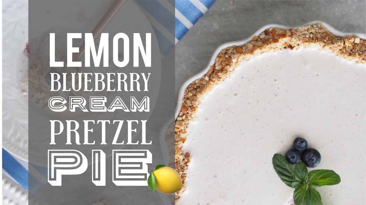 Lemon blueberry cream pie with a crunchy pretzel crust