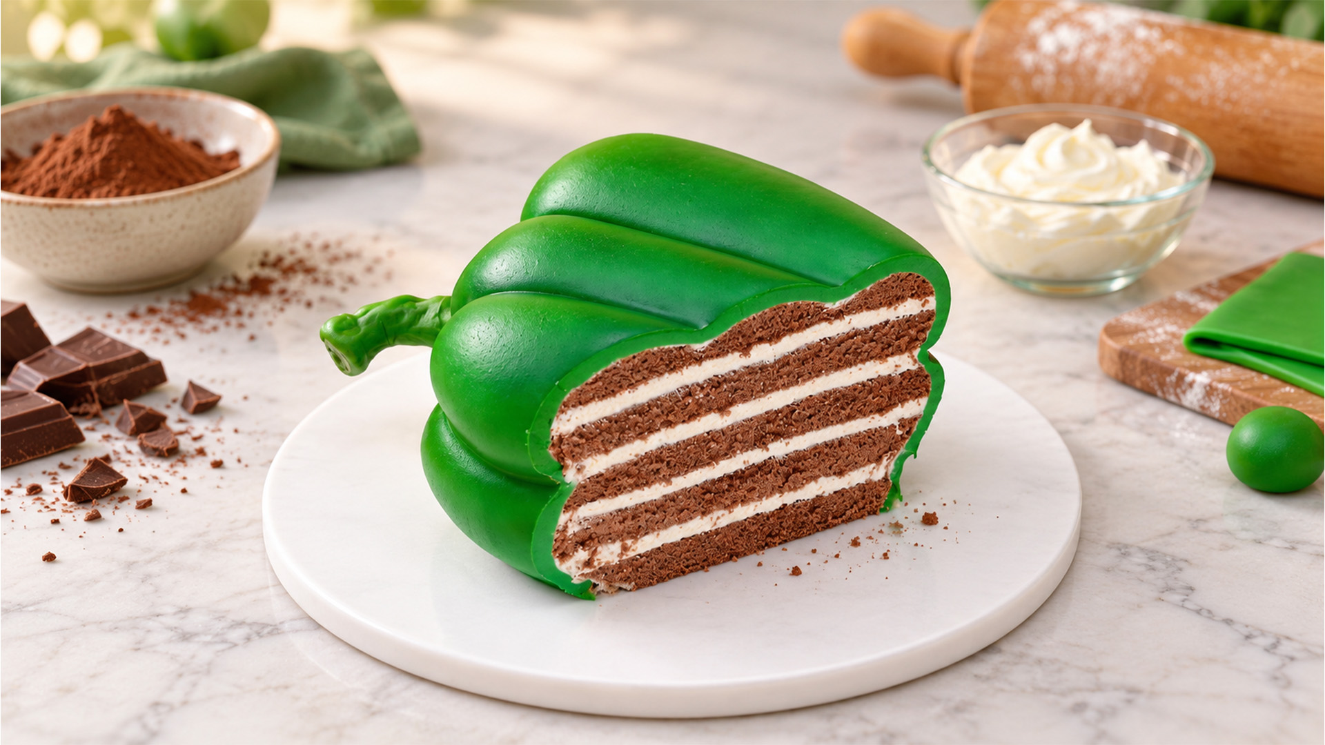 Green bell pepper cake with cream layers