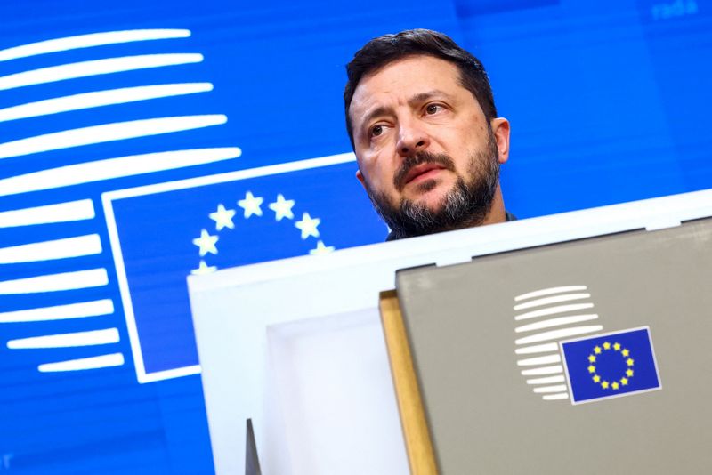 Ukrainian President Volodymyr Zelenskiy reacts during a press conference at a European Union leaders' summit in Brussels, Belgium, October 16, 2026. REUTERS/Yves Herman