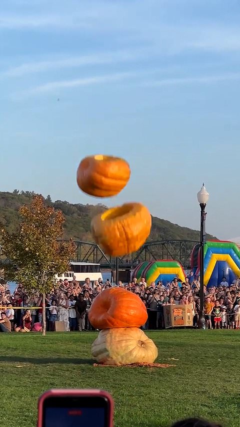 Giant pumpkins dropped from crane at Minnesota harvest festival
