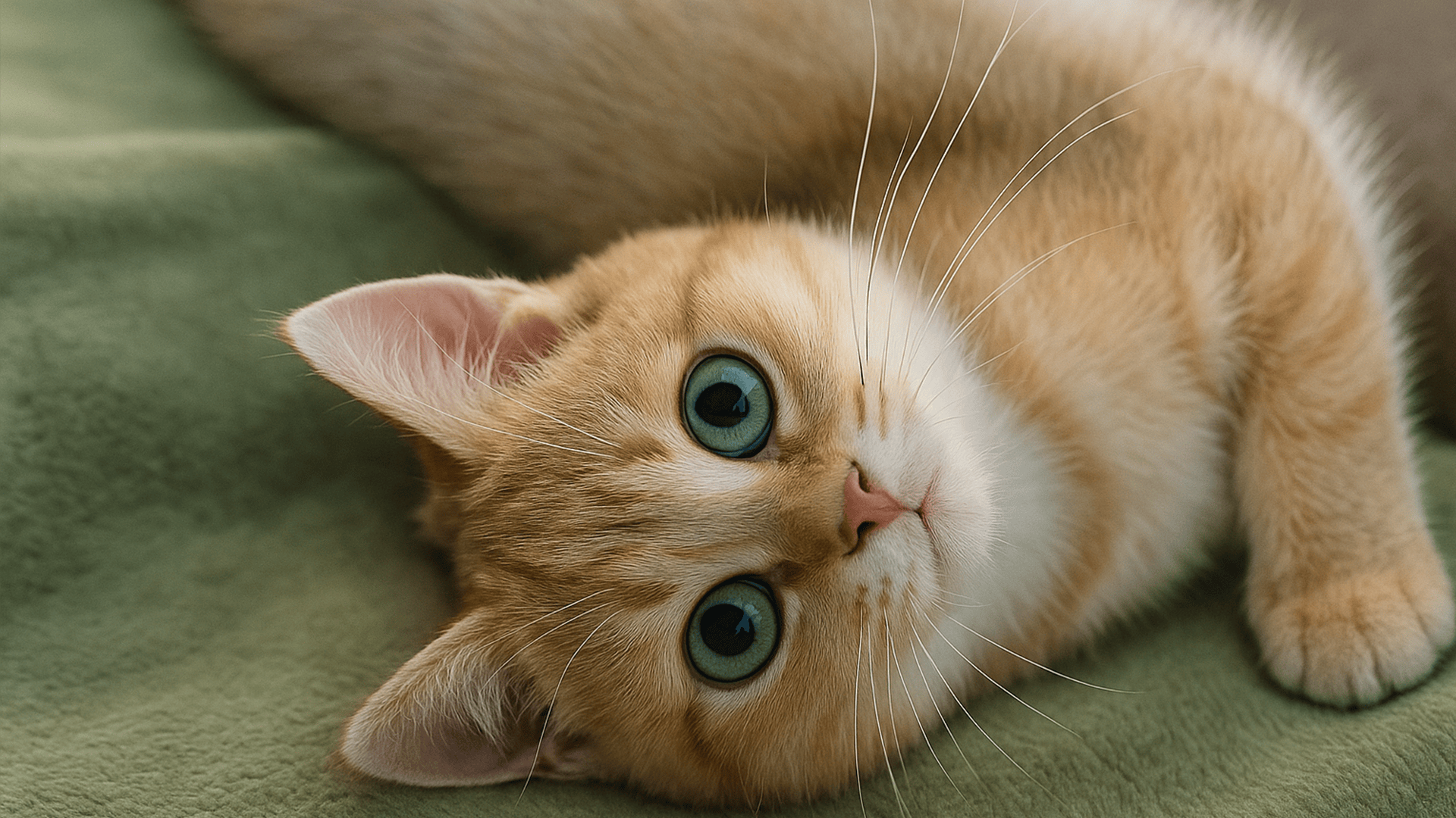 Curious ginger cat relaxing on a soft blanket