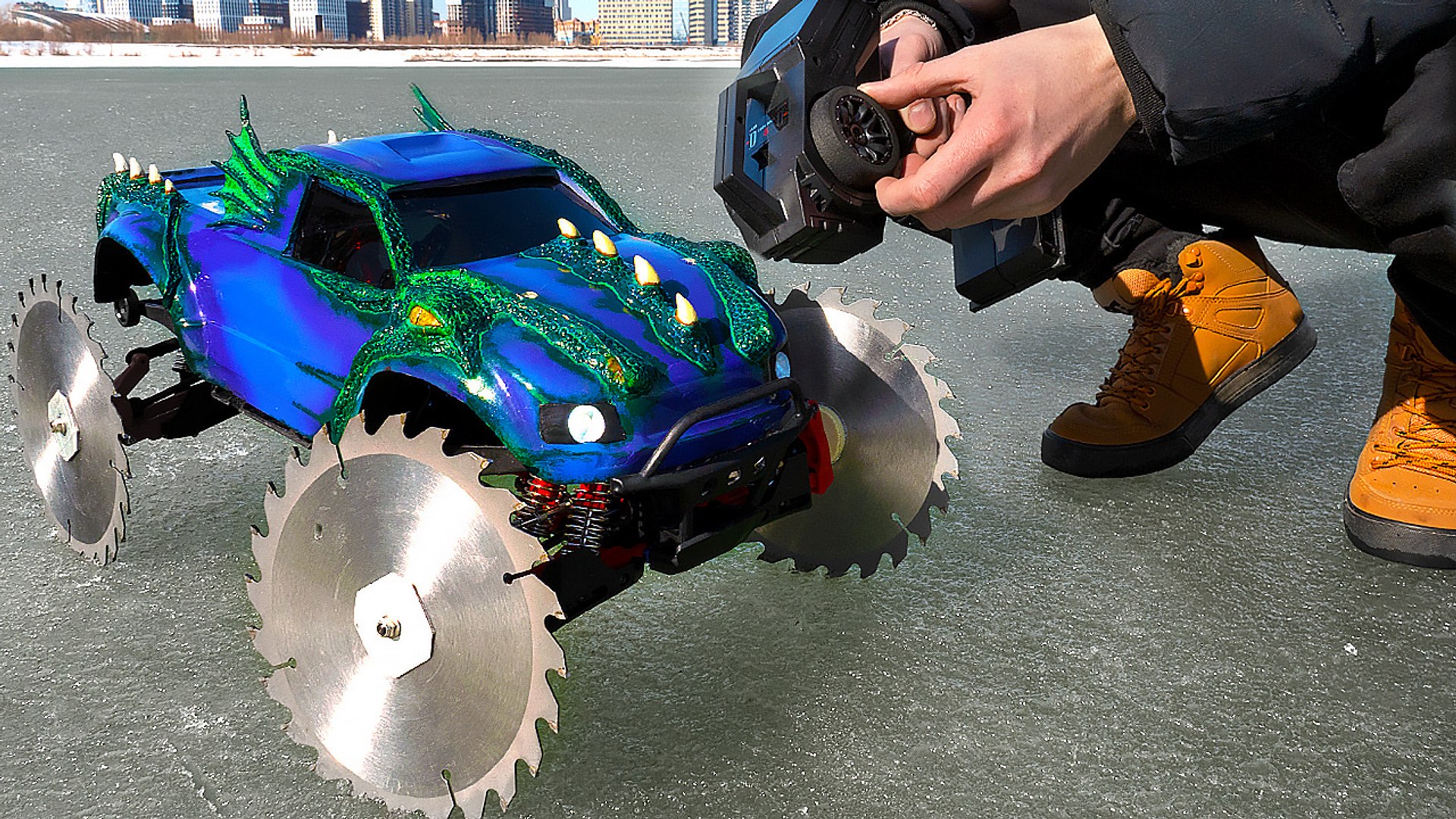 Razor-blade wheel RC SUV races across a frozen lake
