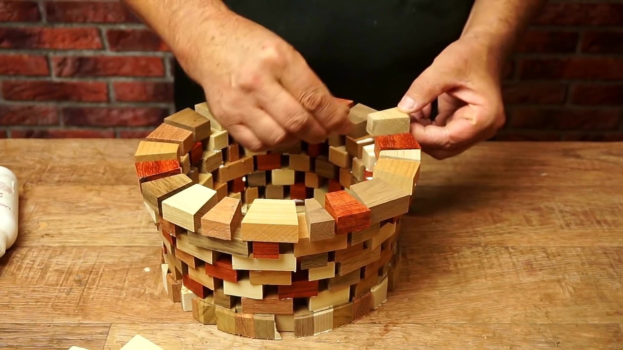 Woodturner makes a textured bowl from maple, walnut and padauk