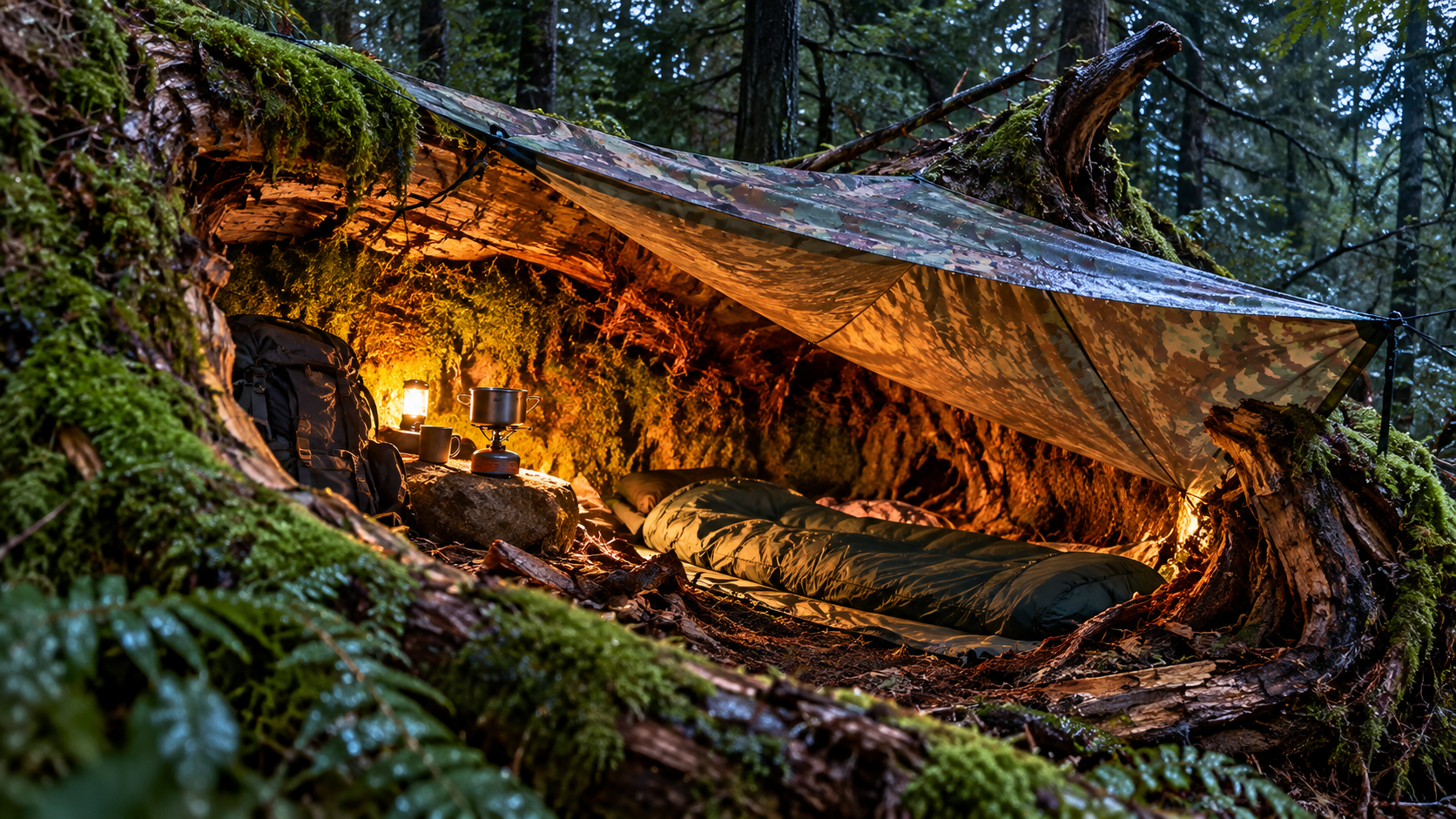 Solo wild camping in a fallen tree | Building a shelter in the forest