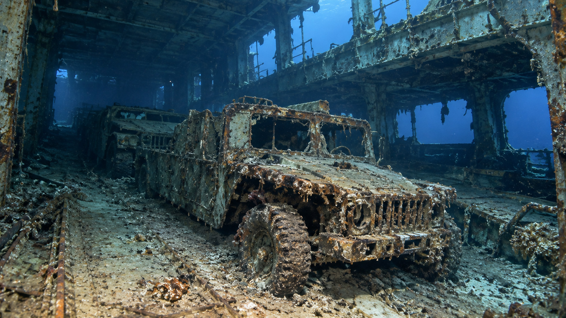 The discovery of vehicles inside a sunken aircraft carrier
