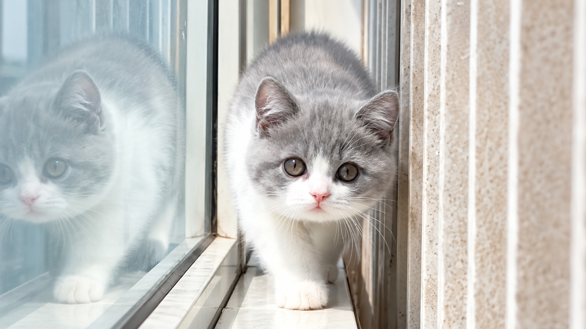Curious kitten finds another cat in the window