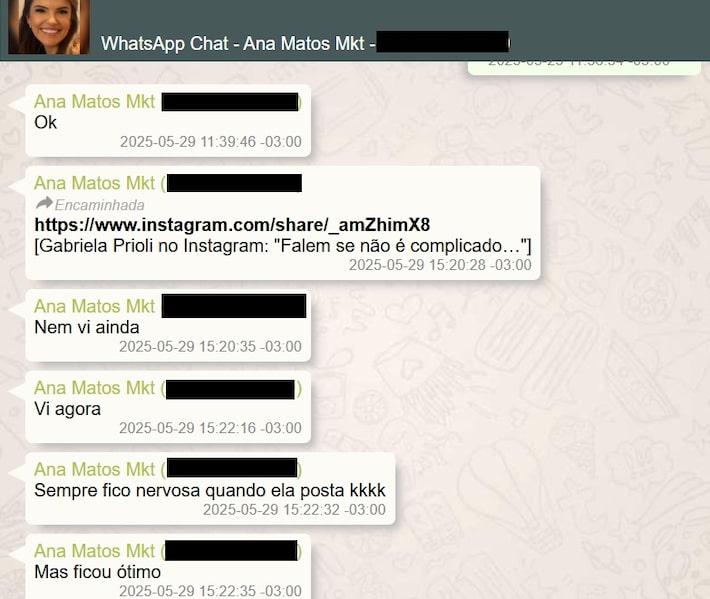 Trecho de diálogo de Vorcaro com funcionária do marketing sobre contratação de influenciadora Gabriela Prioli Foto: Reprodução