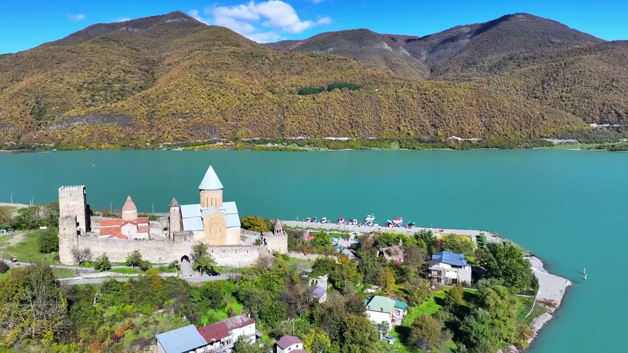 Ananuri Castle, Georgia: Drone views of medieval towers and mountain ...