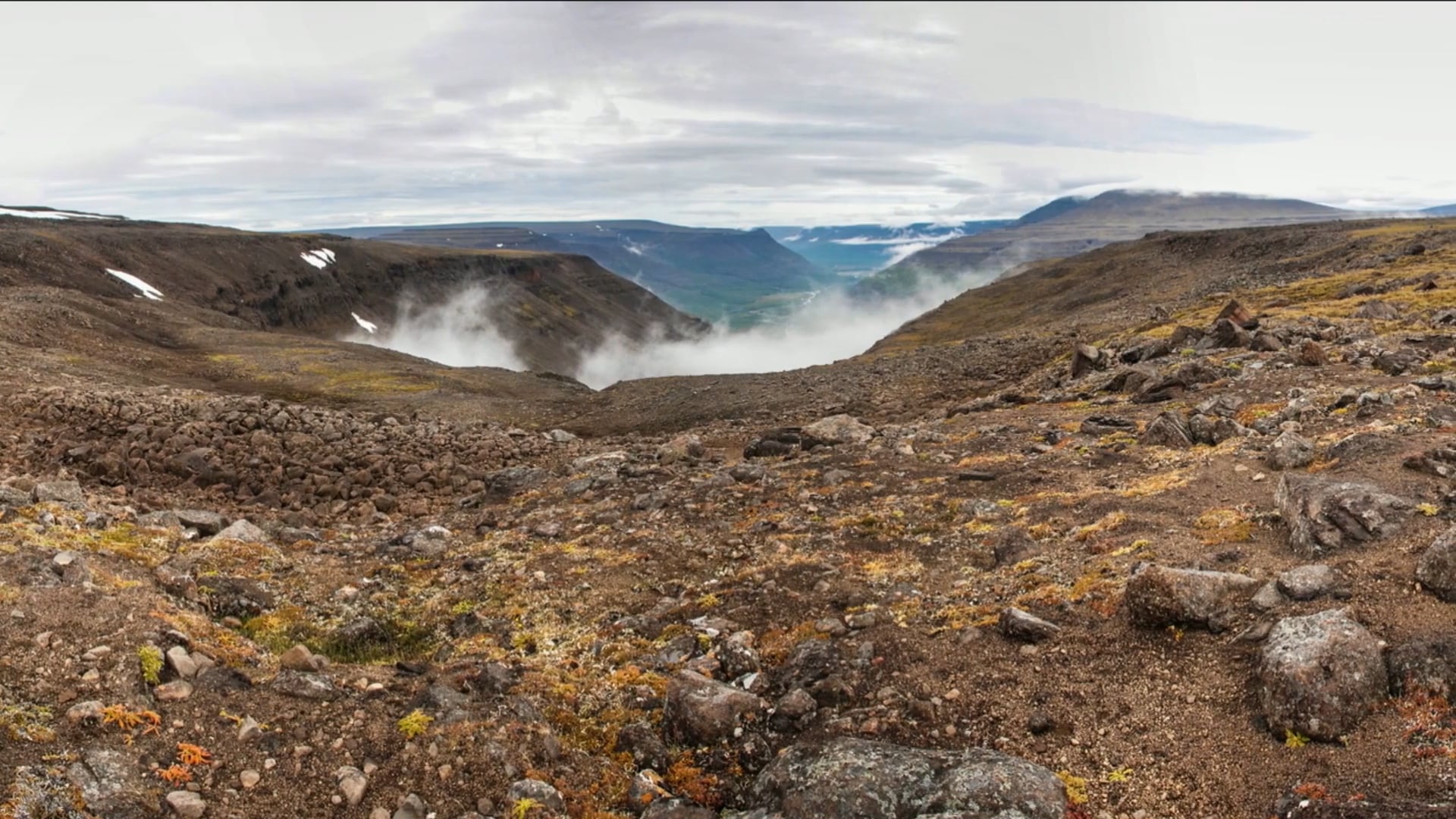 Drone soars over basalt canyons Putorana Plateau, Russia