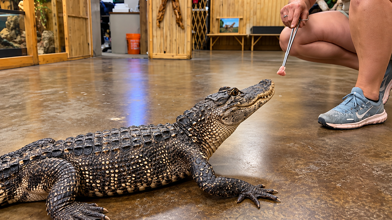 One piece of chicken and this gator is on the move