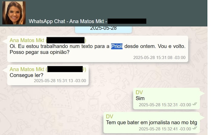 Trecho de diálogo de Vorcaro com funcionária do marketing sobre contratação de influenciadora Gabriela Prioli Foto: Reprodução