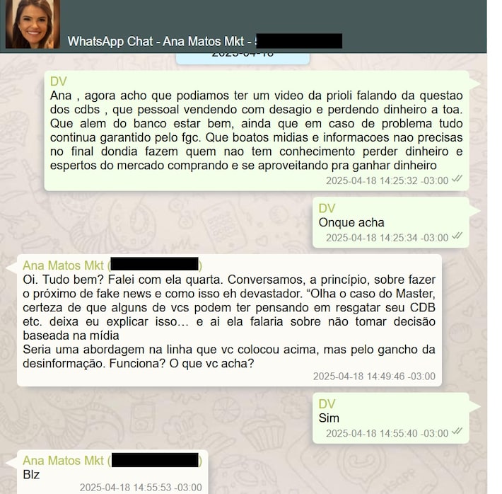Trecho de diálogo de Vorcaro com funcionária do marketing sobre contratação de influenciadora Gabriela Prioli Foto: Reprodução