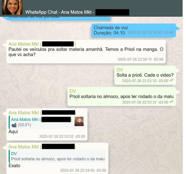 Trecho de diálogo de Vorcaro com funcionária do marketing sobre contratação de influenciadora Gabriela Prioli Foto: Reprodução