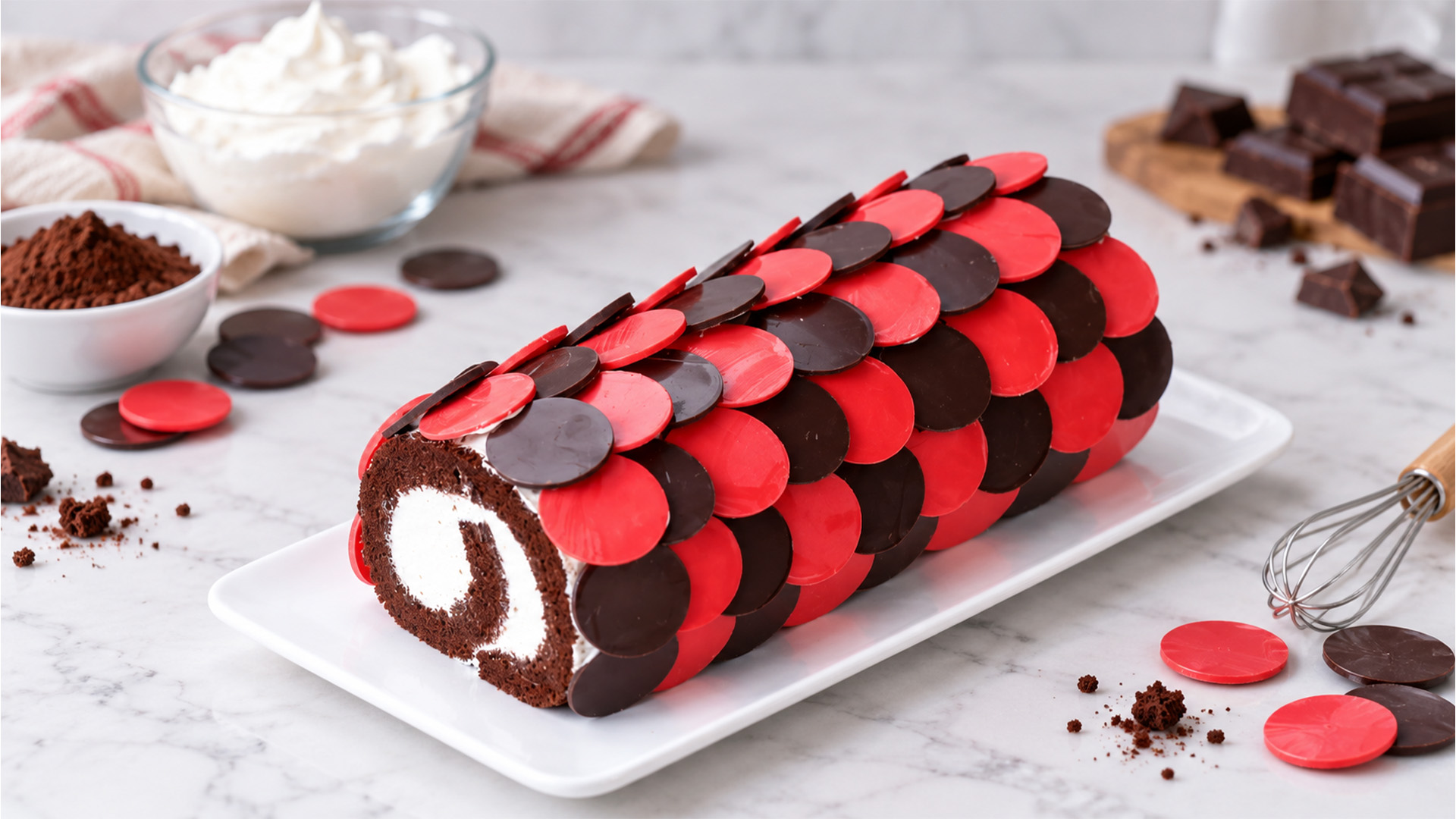 Chocolate Swiss roll with red chocolate scales