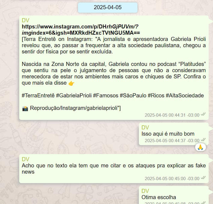 Trecho de diálogo de Vorcaro com funcionária do marketing sobre contratação de influenciadora Gabriela Prioli Foto: Reprodução