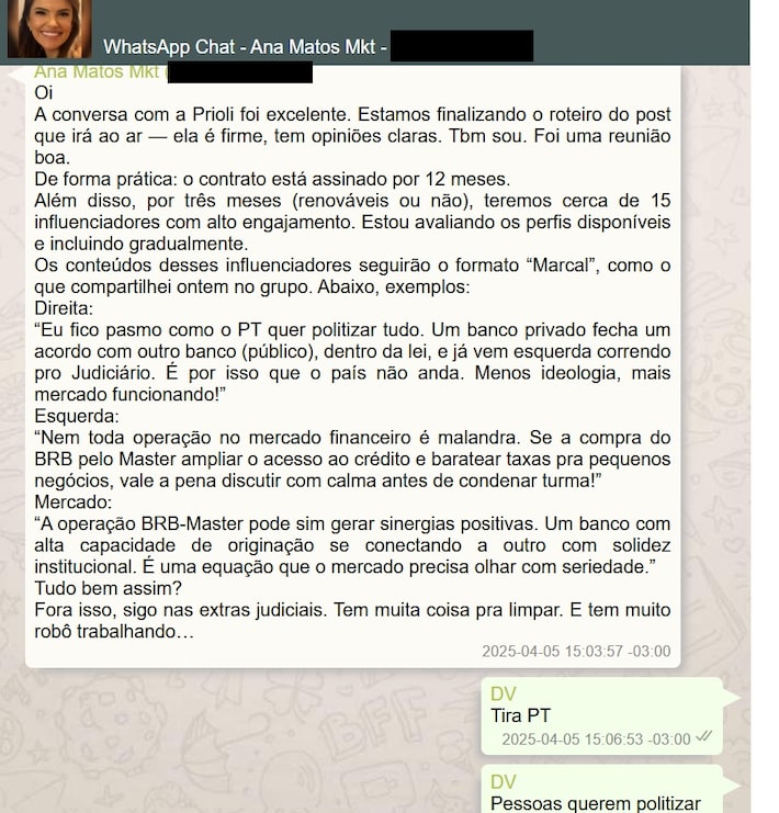 Trecho de diálogo de Vorcaro com funcionária do marketing sobre contratação de influenciadora Gabriela Prioli Foto: Reprodução