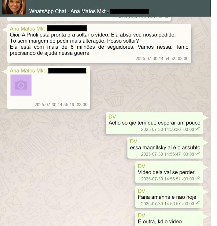 Trecho de diálogo de Vorcaro com funcionária do marketing sobre contratação de influenciadora Gabriela Prioli Foto: Reprodução