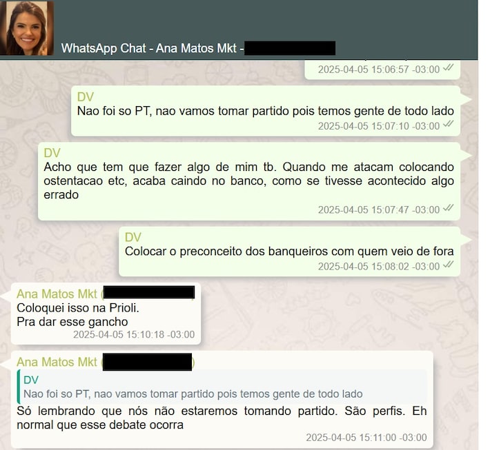 Trecho de diálogo de Vorcaro com funcionária do marketing sobre contratação de influenciadora Gabriela Prioli Foto: Reprodução