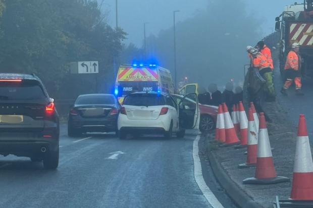 One taken to hospital after 'three cars' crash at busy Oldham roundabout