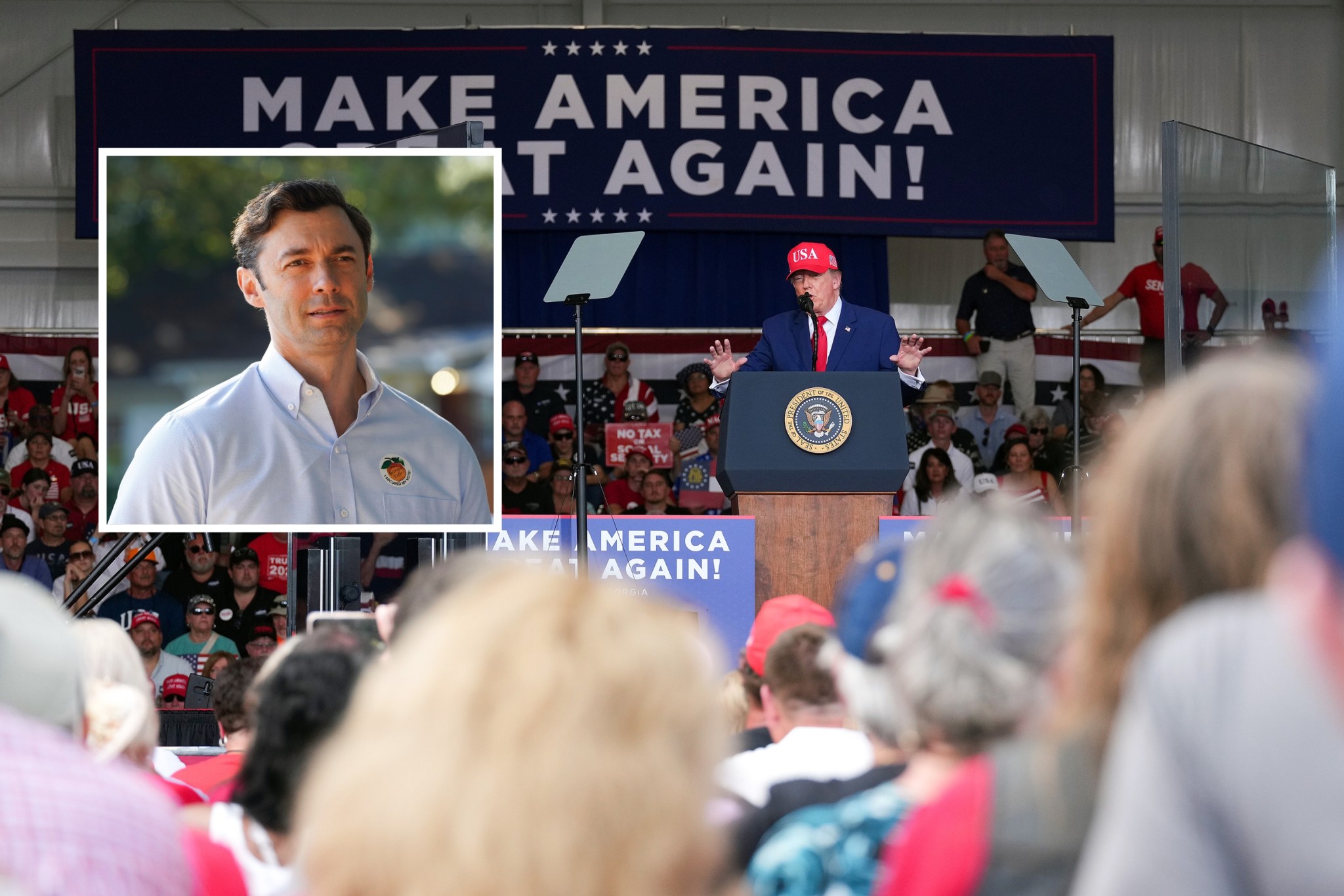 Trump attacks Jon Ossoff's looks at Georgia rally interrupted by protesters