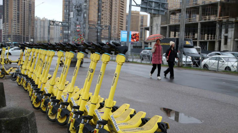 Parking of Electric scooters of Yandex near the metro station Parnas in St. Petersburg, Russia. - Maksim Konstantinov/SOPA Images/LightRocket/Getty Images