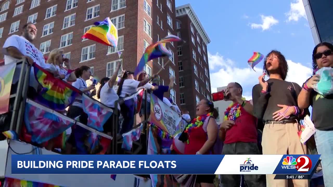 Building Pride parade floats