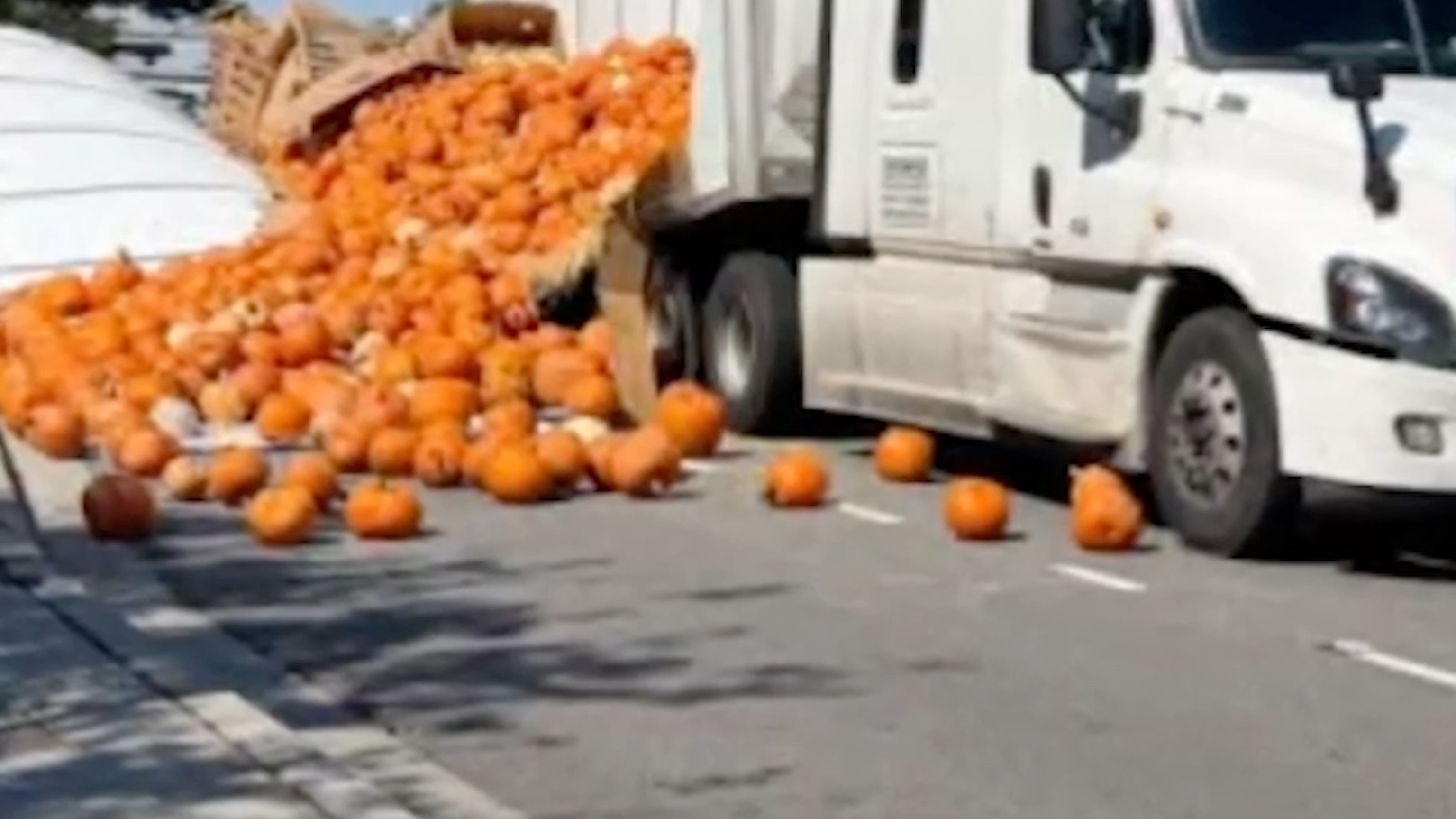 Thousands of pumpkins spill from a truck in South Carolina