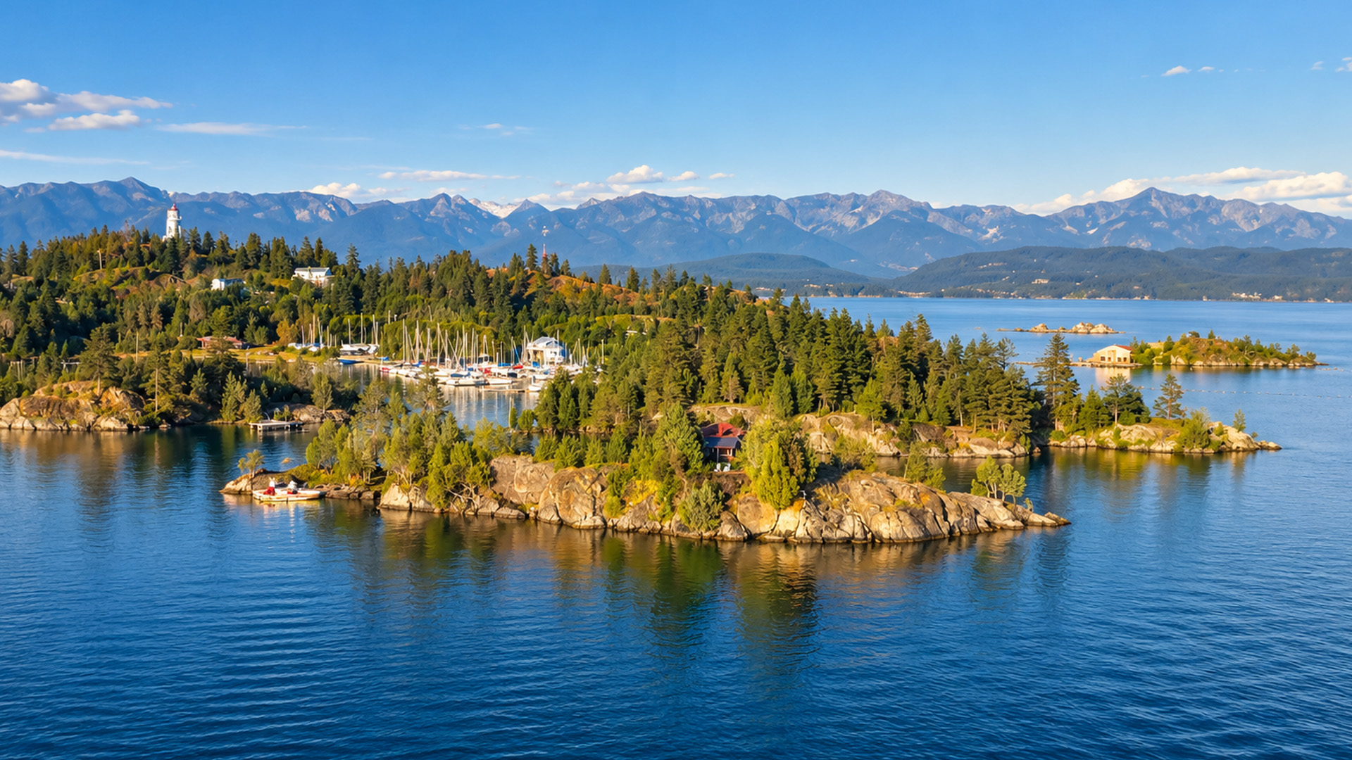 Small islands covered in trees across a blue lake