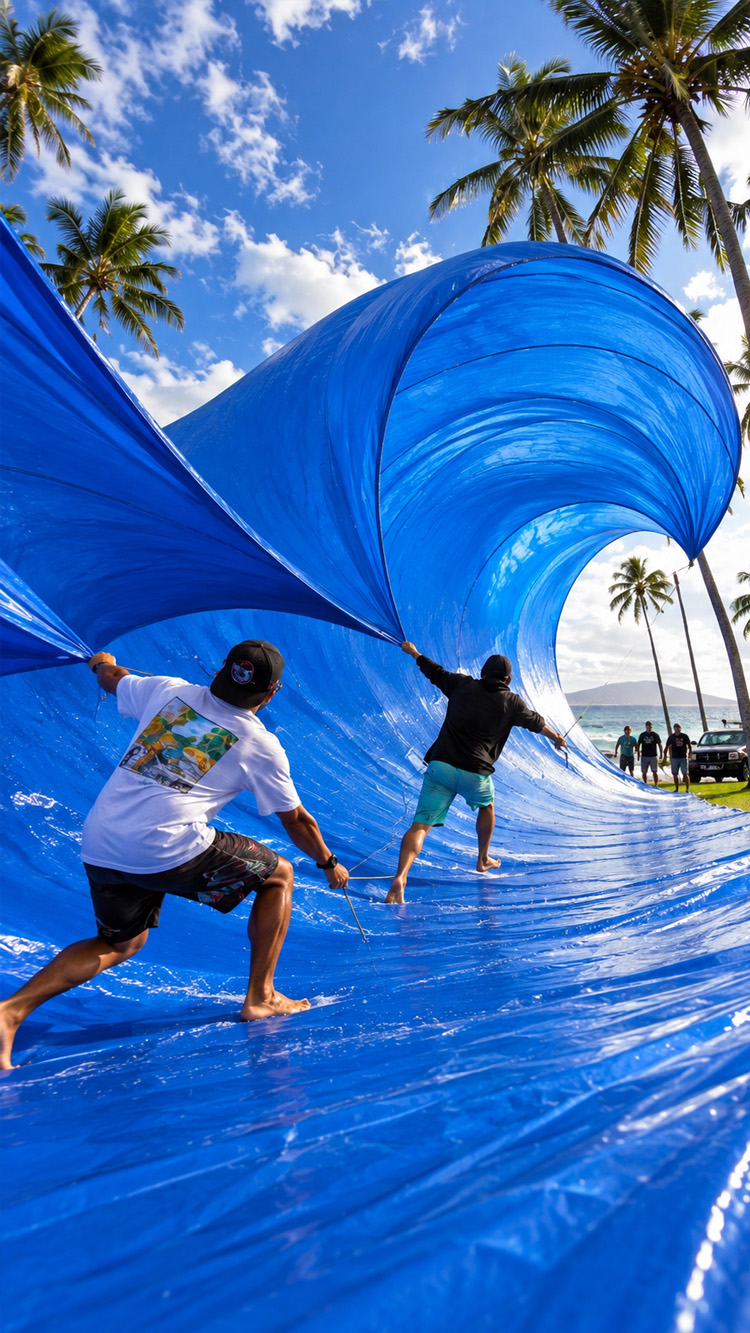 Giant tarp wave creates incredible surfing visuals