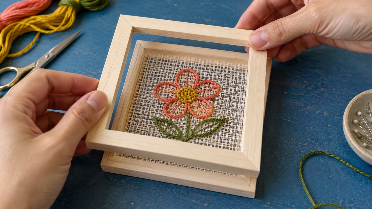 Make framed mesh embroidery with a simple floral design