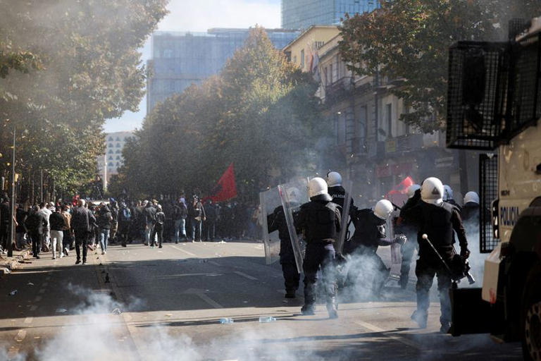 Riot police alongside a water cannon move toward protesters during an anti-government protest by students in Tirana, Albania, October 17, 2026. REUTERS/Louisa Gouliamaki