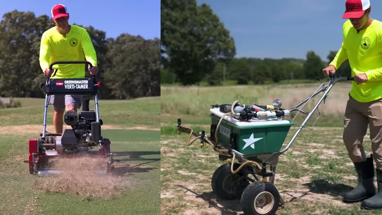 Verti-Tamer scarifies, mows and sprays an ultra dwarf Bermuda green