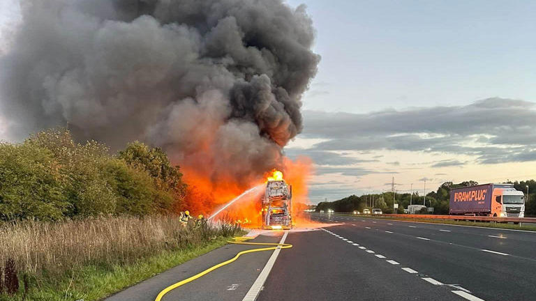 Fire crews tackle large vehicle fire on M6