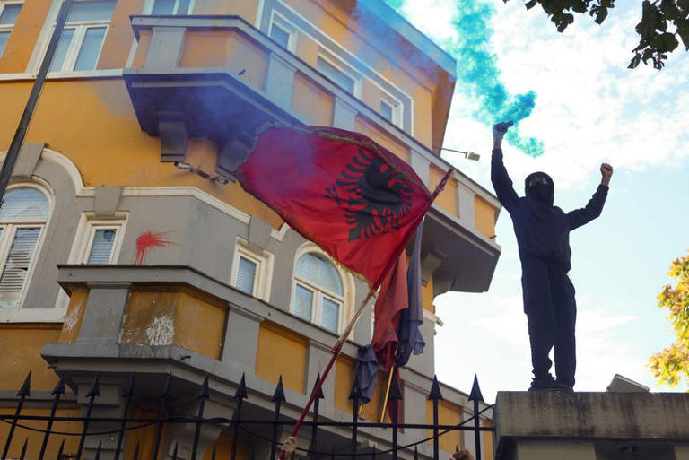 Demonstrators take part in an anti-government protest by students in Tirana, Albania, October 17, 2026. REUTERS/Louisa Gouliamaki