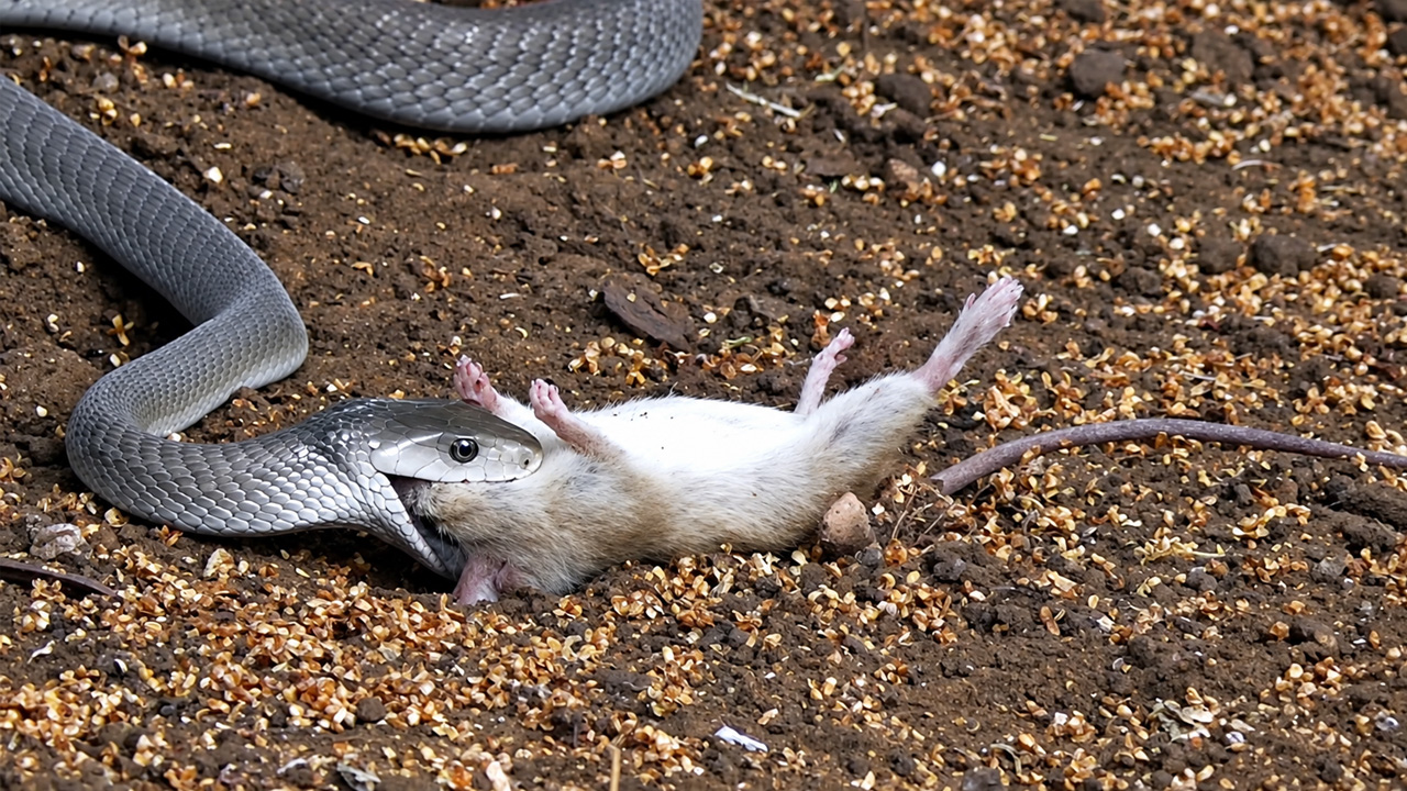 Black mamba snake swallowing a mouse