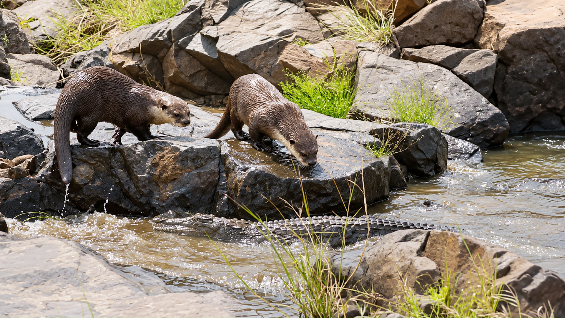 Otters bite crocodile's tail and spark a fight over fishing spot
