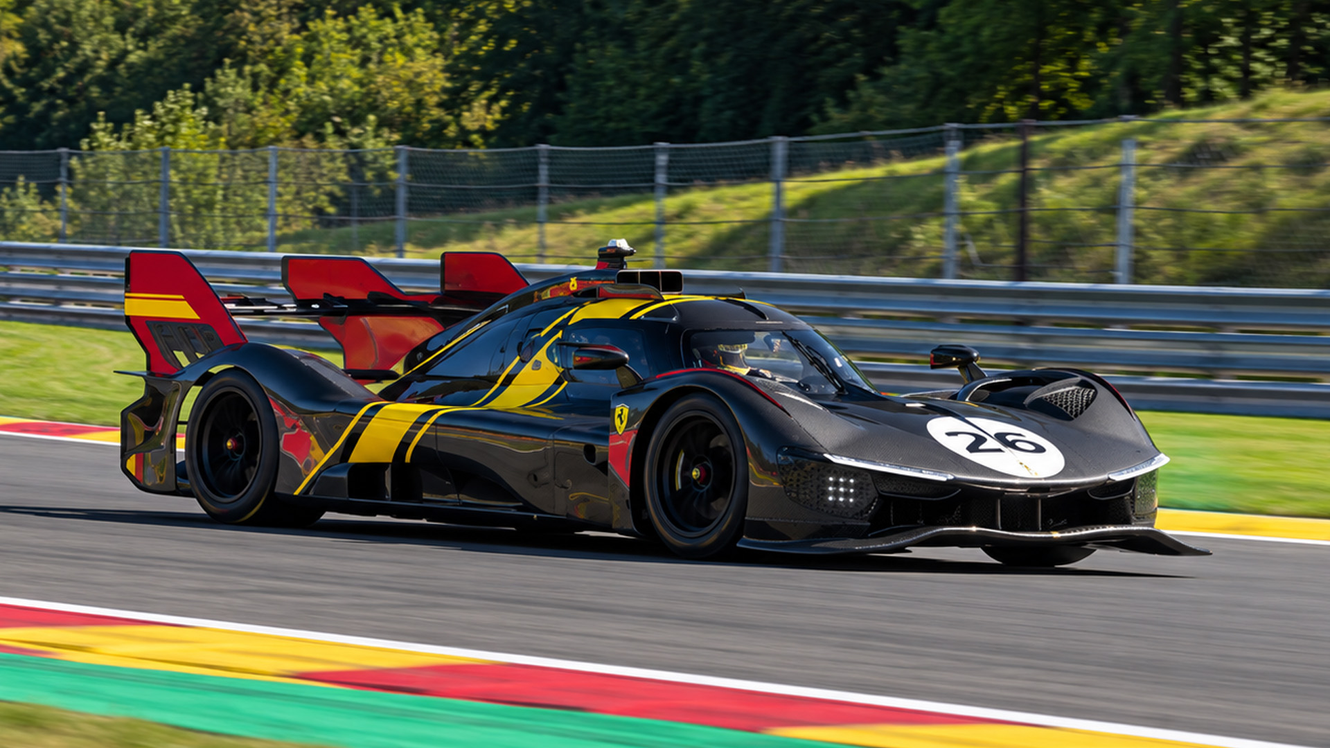 Ferrari 499P takes corners at high speed on the racing circuit