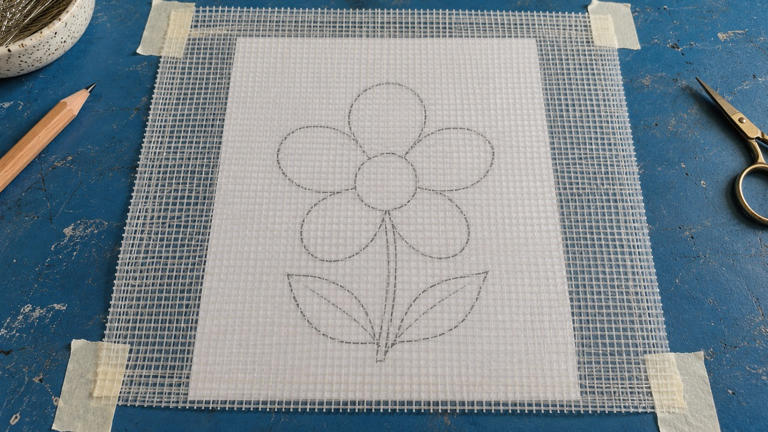 Make framed mesh embroidery with a simple floral design